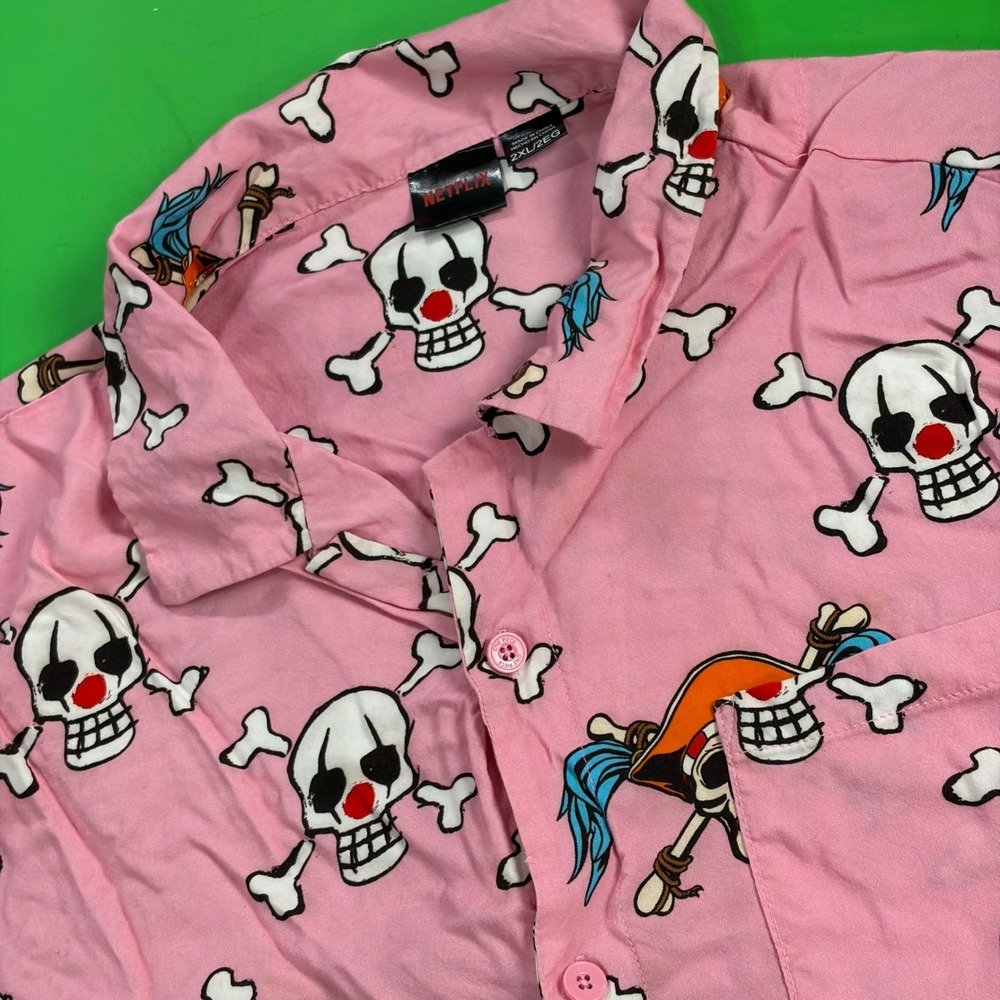 Netflix‎ One Piece Hawaiian Shirt Mens 2XL Pink Buggy the Clown Skull AOP Rayon